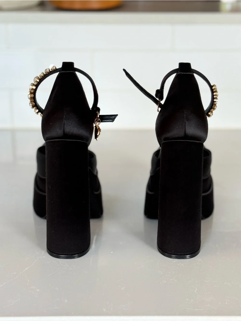 Versace Black Platform Block Heel D’Orsay Pump with Crystal Ankle Strap, Size 6
